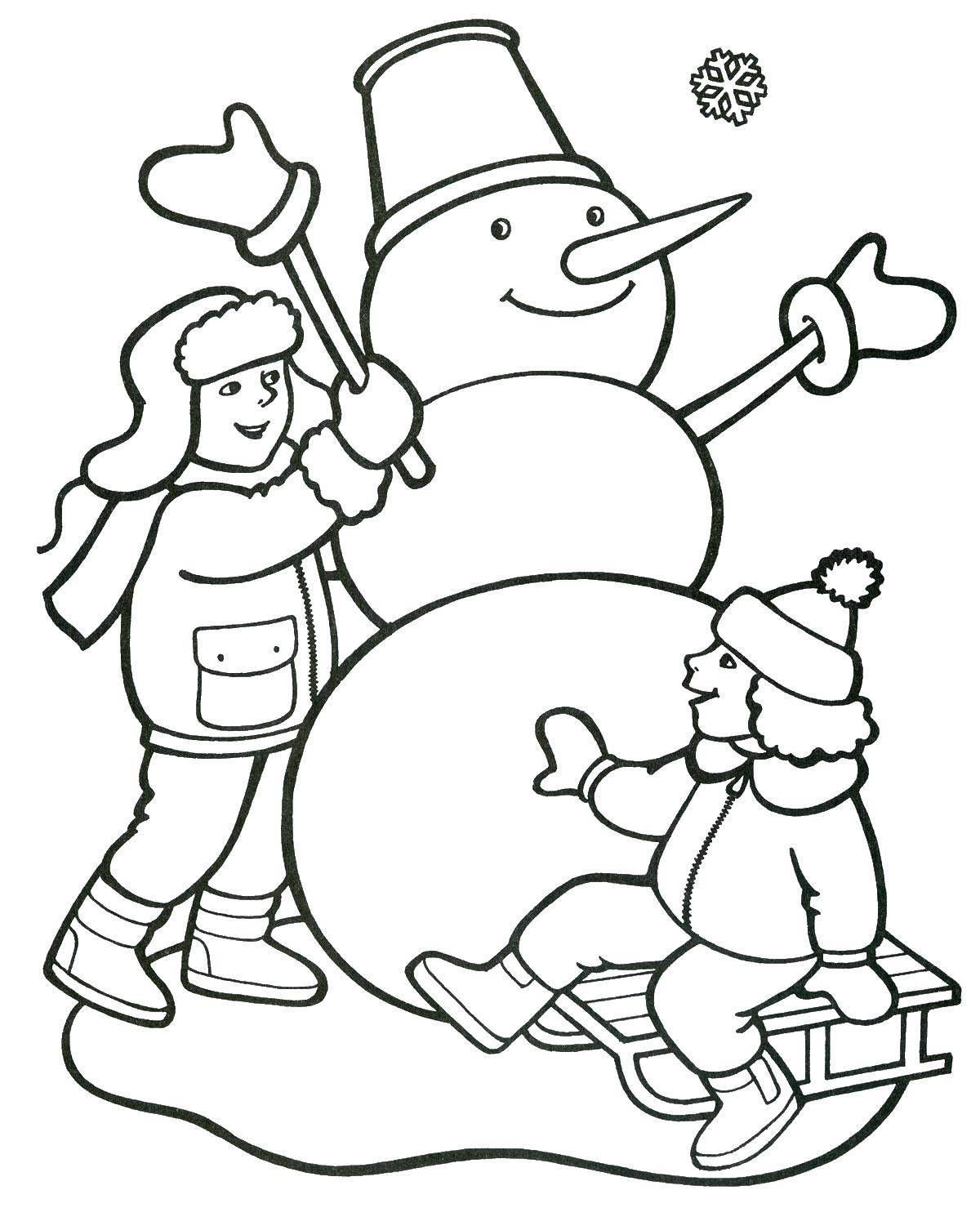 Раскраски для детей Зима, зимушка раскраски для школьников  Мальчики делают снеговика