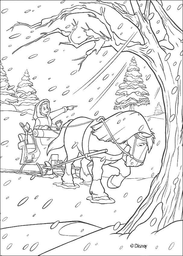 Раскраски из мультфильма Красавица и чудовище для детей  Бэлль зимой на санях