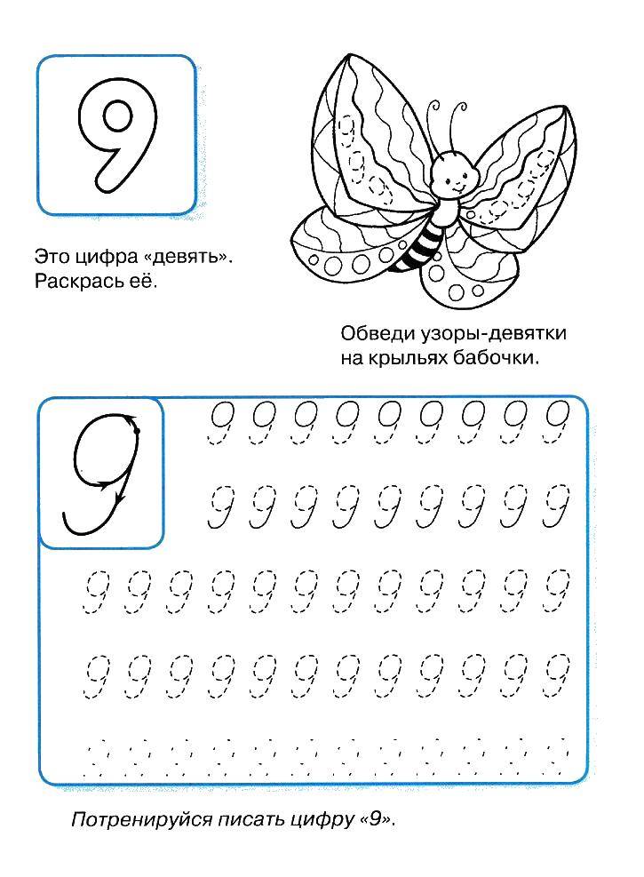 Раскраски цифры пропись математика  Пропись цифры 9