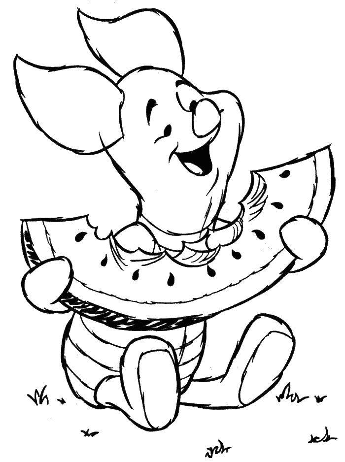 Раскраски из зарубежного мультфильма про Винни Пуха и его друзей для самых маленьких   Пяточек ест арбуз