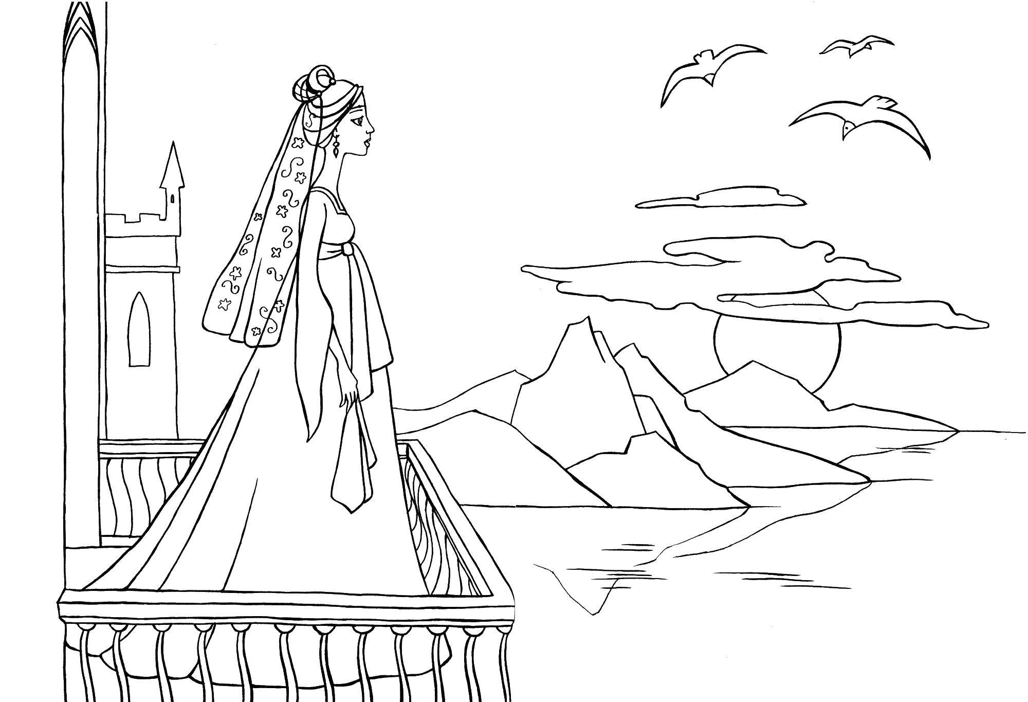  Принцесса смотрит на море Принцесса стоит на балконе. Чайки летают над морем.