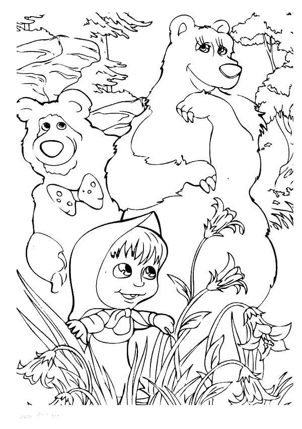 Раскраски для детей про озорную Машу из мультфильма Маша и медведь  Маша и медведь в лесу