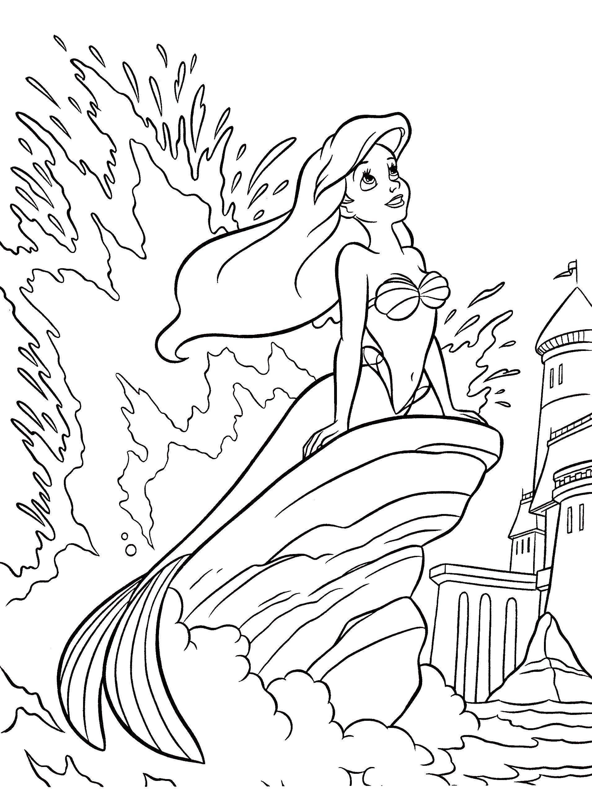 Раскраски по мультфильму русалочка для девочек  Ариэль на гребне волны