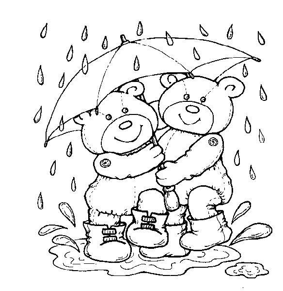 Раскраски природные явления дождь, раскраски дождик для школьников и подростков  Медвежатки под зонтом