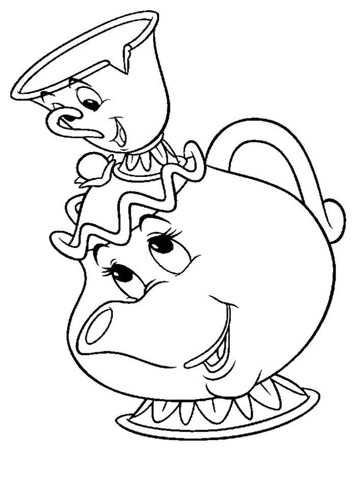 Раскраски из мультфильма Красавица и чудовище для детей  Чайник и кружечка из мультика