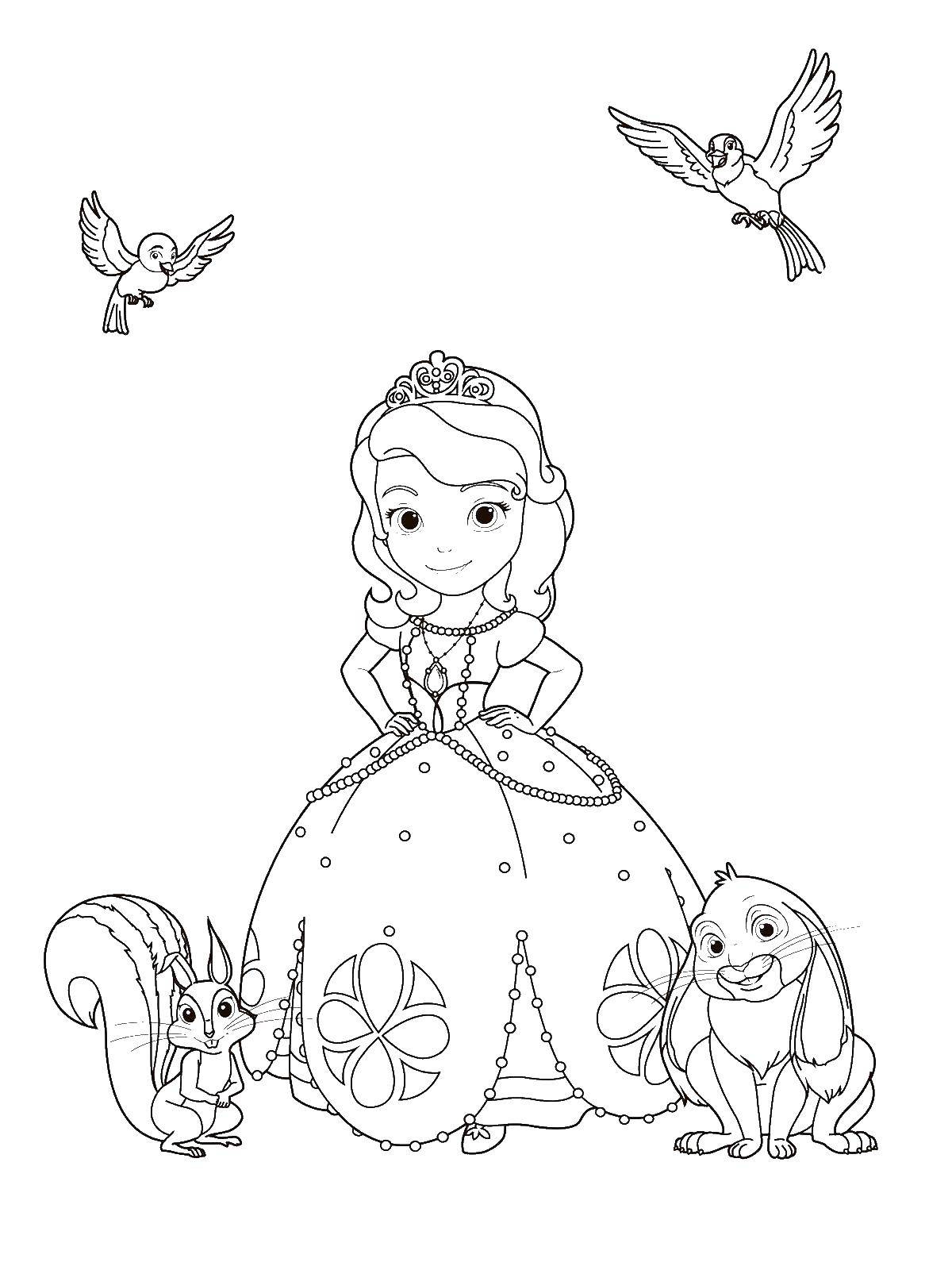 Раскраски с принцессой Софией для девочек. Раскраски из мультфильмов про принцесс  Принцесса софия и ее друзья
