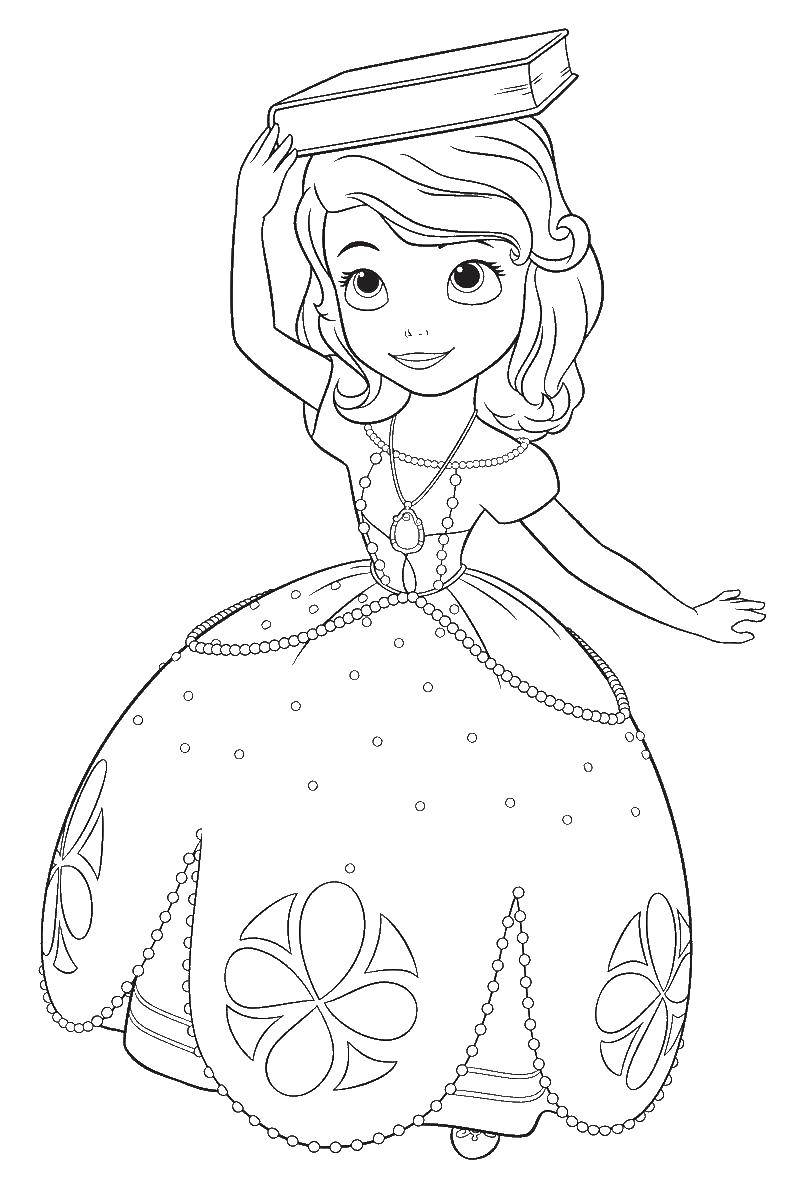 Раскраски с принцессой Софией для девочек. Раскраски из мультфильмов про принцесс  Принцесса софия с книгой