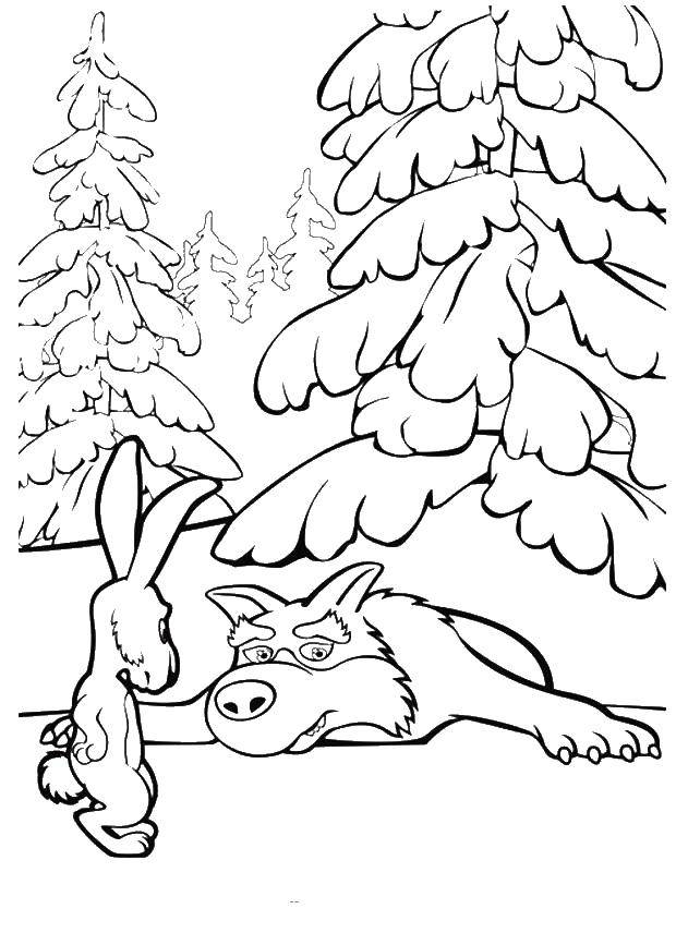 Раскраски для детей про озорную Машу из мультфильма Маша и медведь  Волк ловит зайца