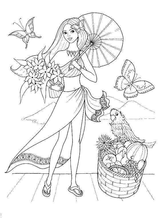  Барби в пустыне Барби с цветами и фруктами держит зонтик за спиной.