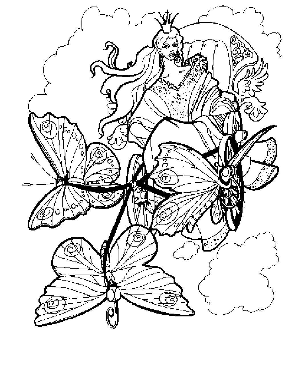 Раскраски с фея по зарубежным мультикам для девочек  Королева феи верхом на бабочке