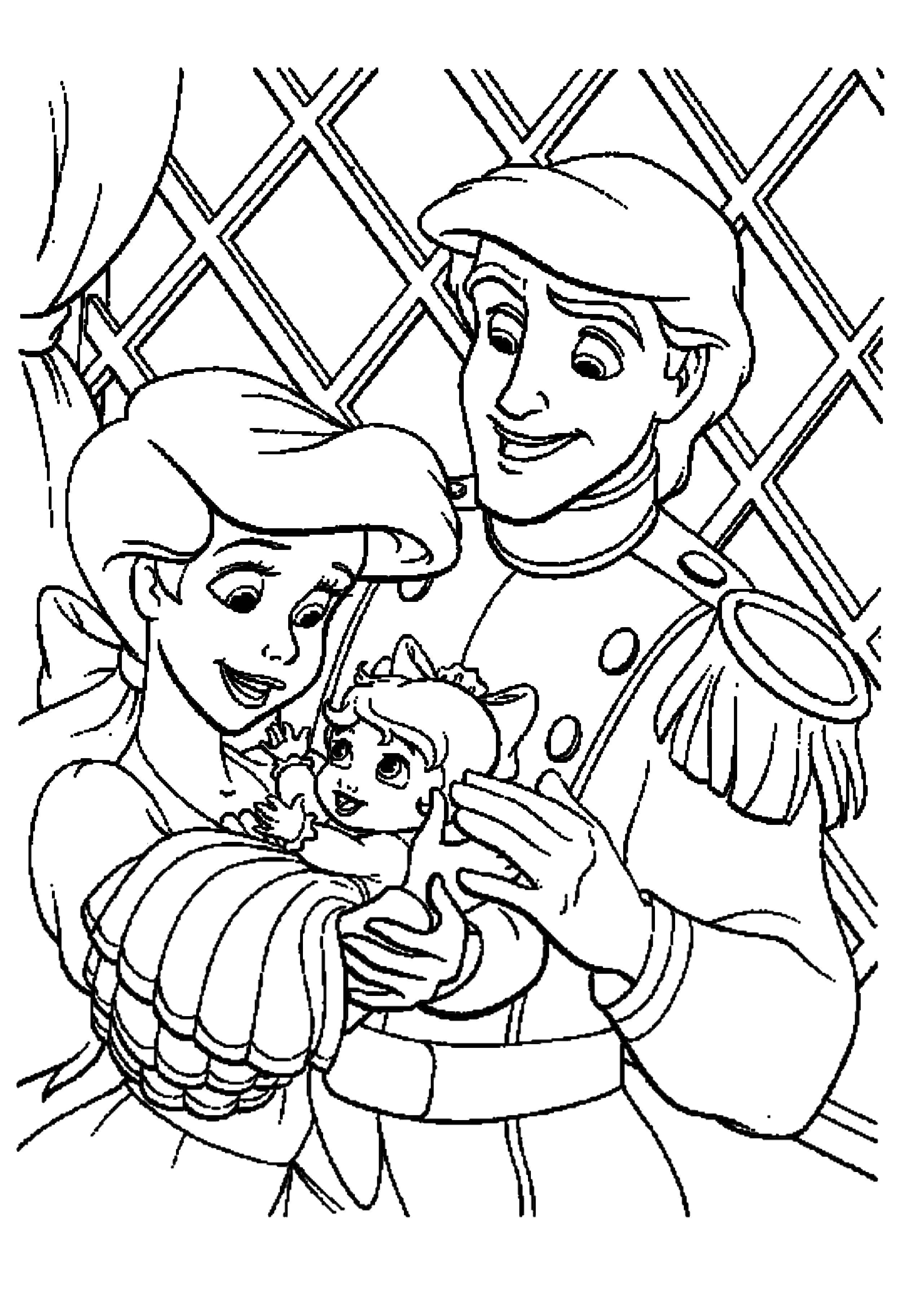 Раскраски по мультфильму русалочка для девочек  Принцесса ариэль с принцем эриком и с дочкой