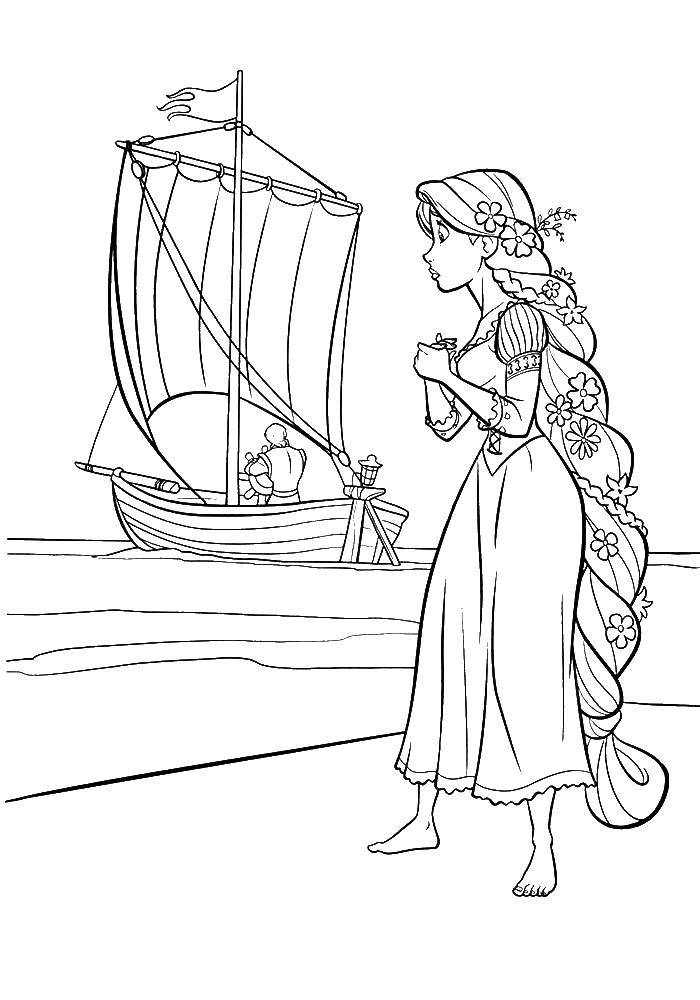Раскраски для девочек по мультфильму Рапунцель  Принц уплывает от рапунцель