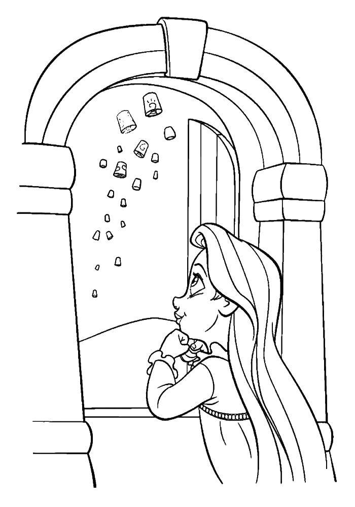 Раскраски для девочек по мультфильму Рапунцель  Рапунцель наблюдает из окна