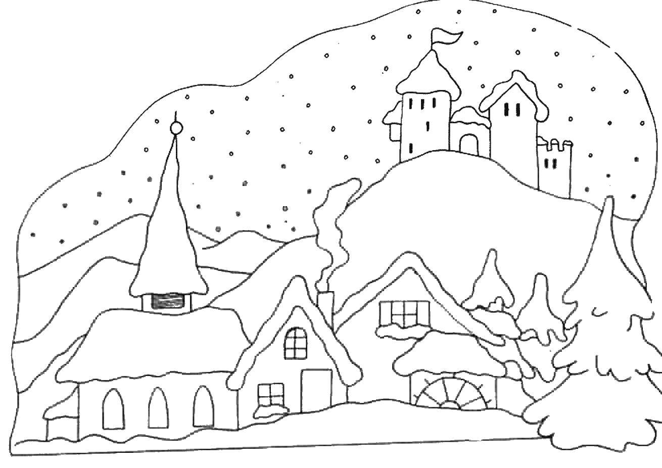 Раскраски для детей Зима, зимушка раскраски для школьников  Зимний городок покрыт снегом