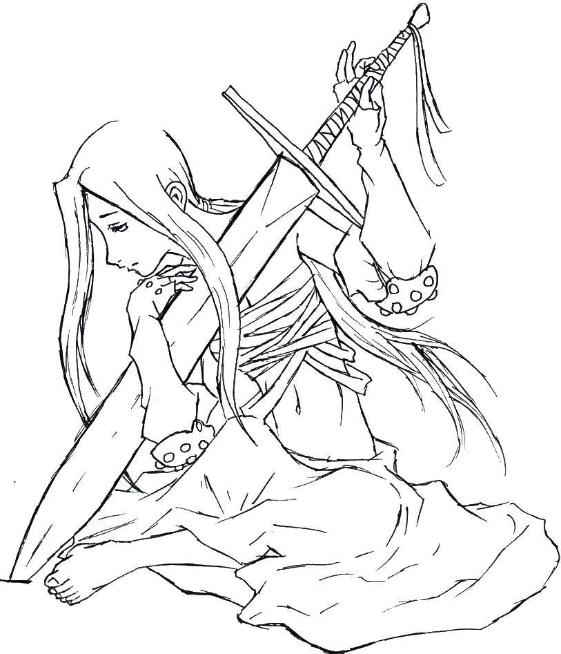 Раскраски девушек из аниме  Девушка с мечом