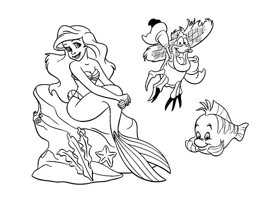 Раскраски по мультфильму русалочка для девочек  Ариэль, рыбка и краб