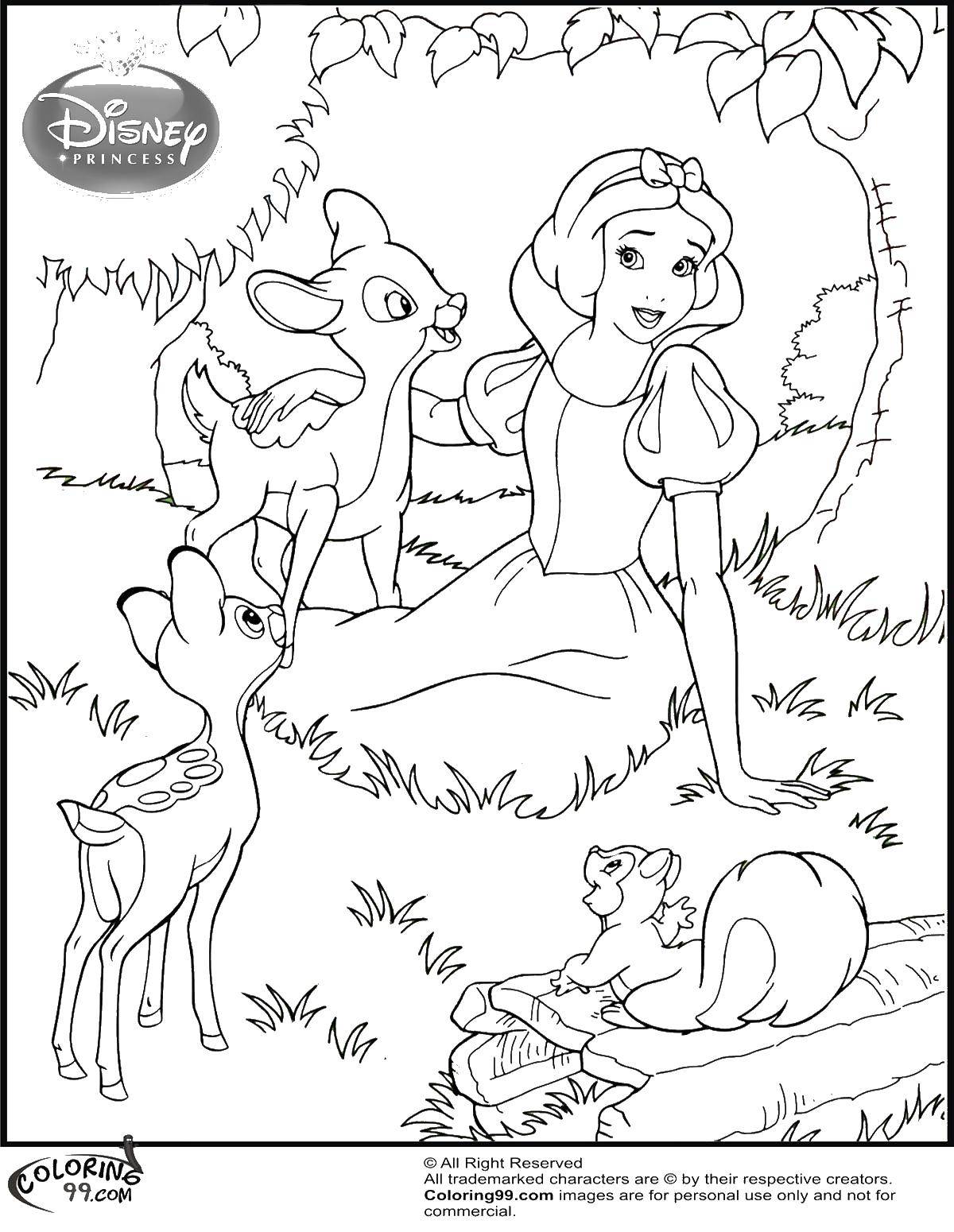 Раскраски про Белоснежку для девочек.  Белоснежка с оленятами