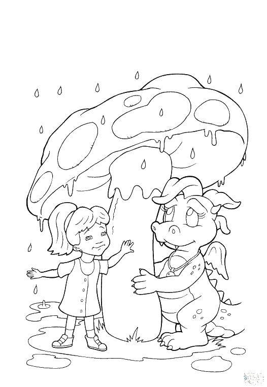 Раскраски природные явления дождь, раскраски дождик для школьников и подростков  Девочка и динозаврик под грибком