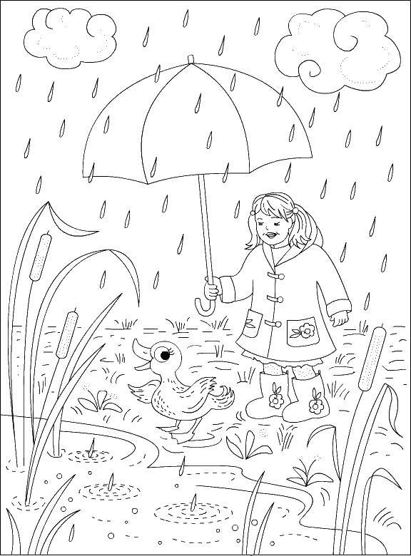 Раскраски природные явления дождь, раскраски дождик для школьников и подростков  Девочка с зонтом и утка