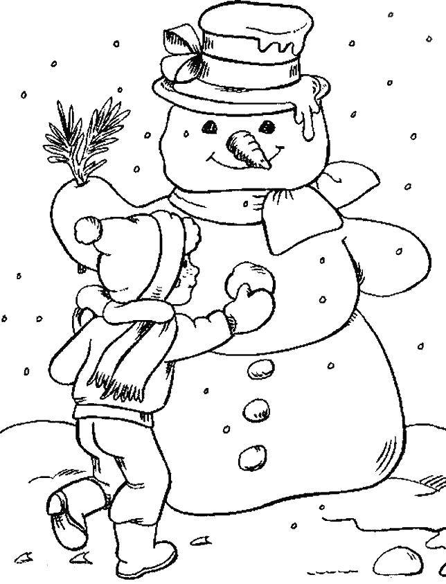 Раскраски для детей Зима, зимушка раскраски для школьников  Мальчик лепит снеговика.
