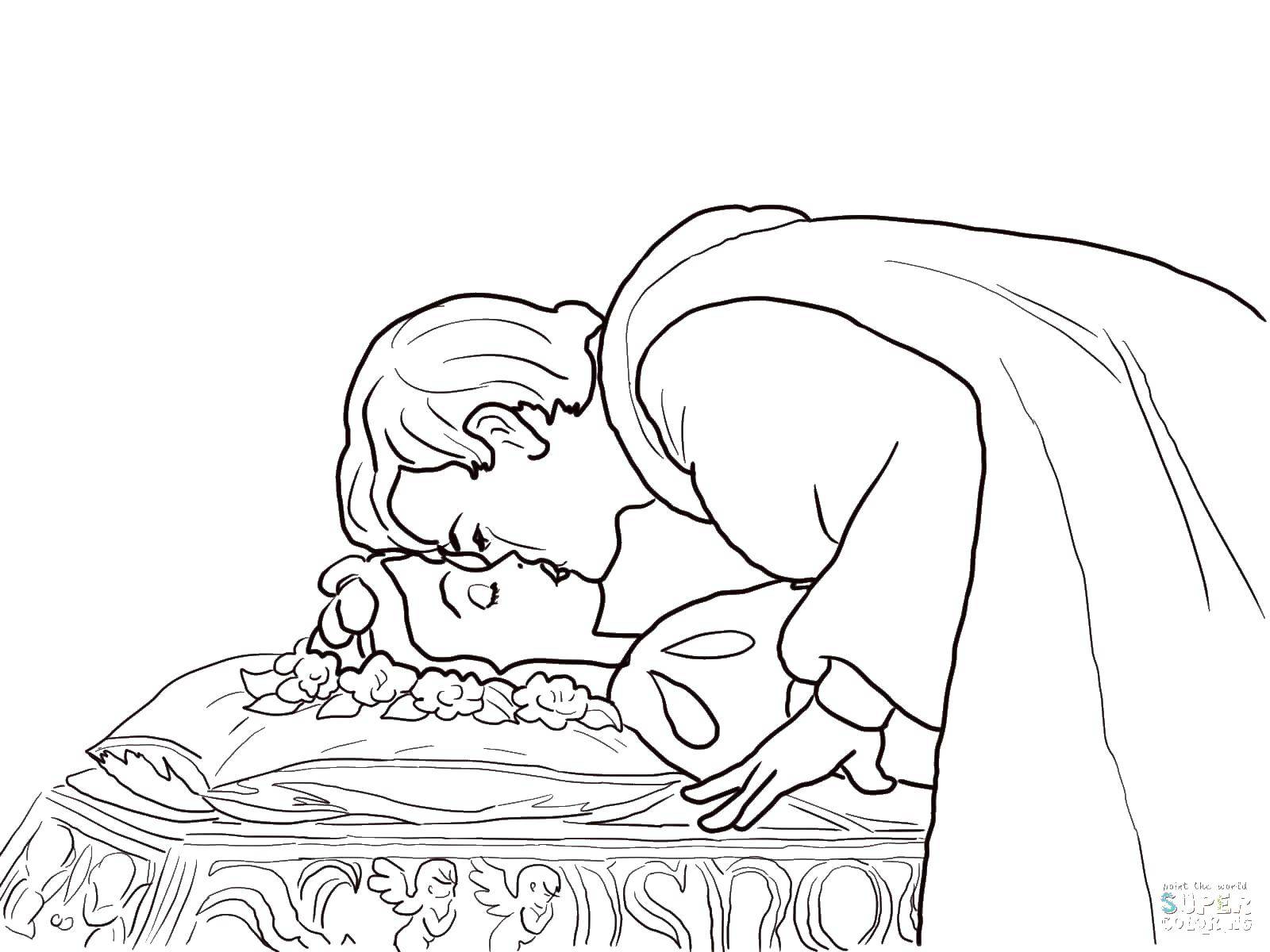 Раскраски про Белоснежку для девочек.  Принц целует белоснежку