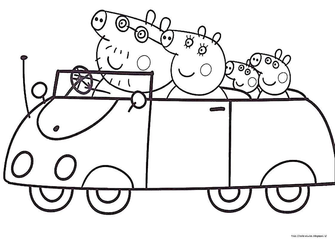 Раскраска Пеппа с семьёй на машине - распечатать бесплатно