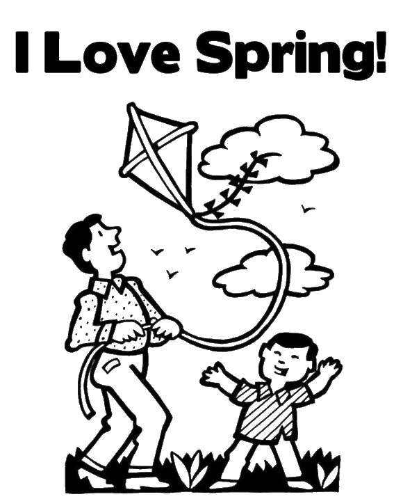 Раскраски весна для детей  Папа и сын пускают воздушного змея
