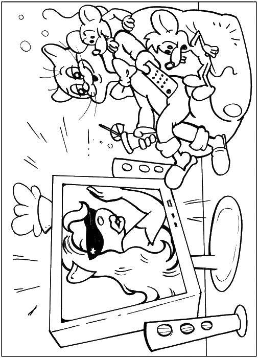 Раскраски про кота Леопольда для малышей  Кот леопольд и мышата смотрят телевизор
