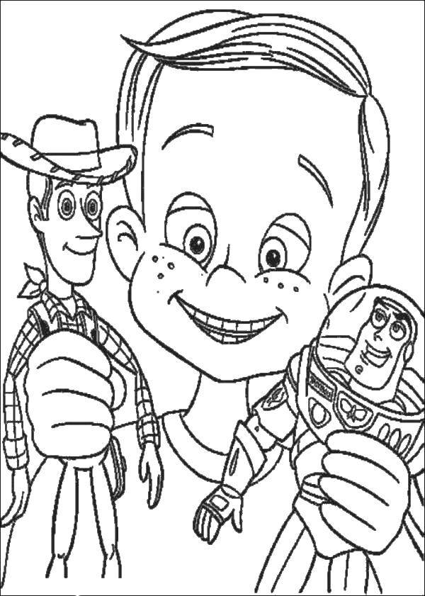 Раскраски  с Вуди по мультфильму Истории игрушек  Мальчик играет с вуди и базом