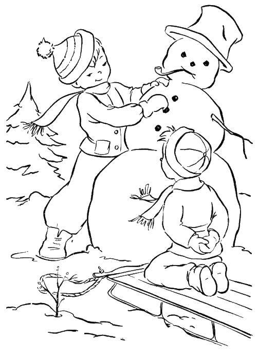 Раскраски для детей Зима, зимушка раскраски для школьников  Дети лепят снеговика