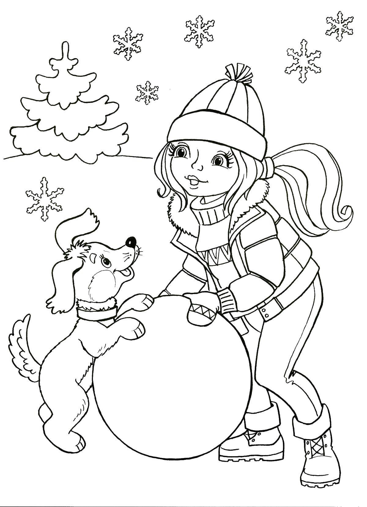 Раскраски для детей Зима, зимушка раскраски для школьников  Девочка и собачка лепят снеговика