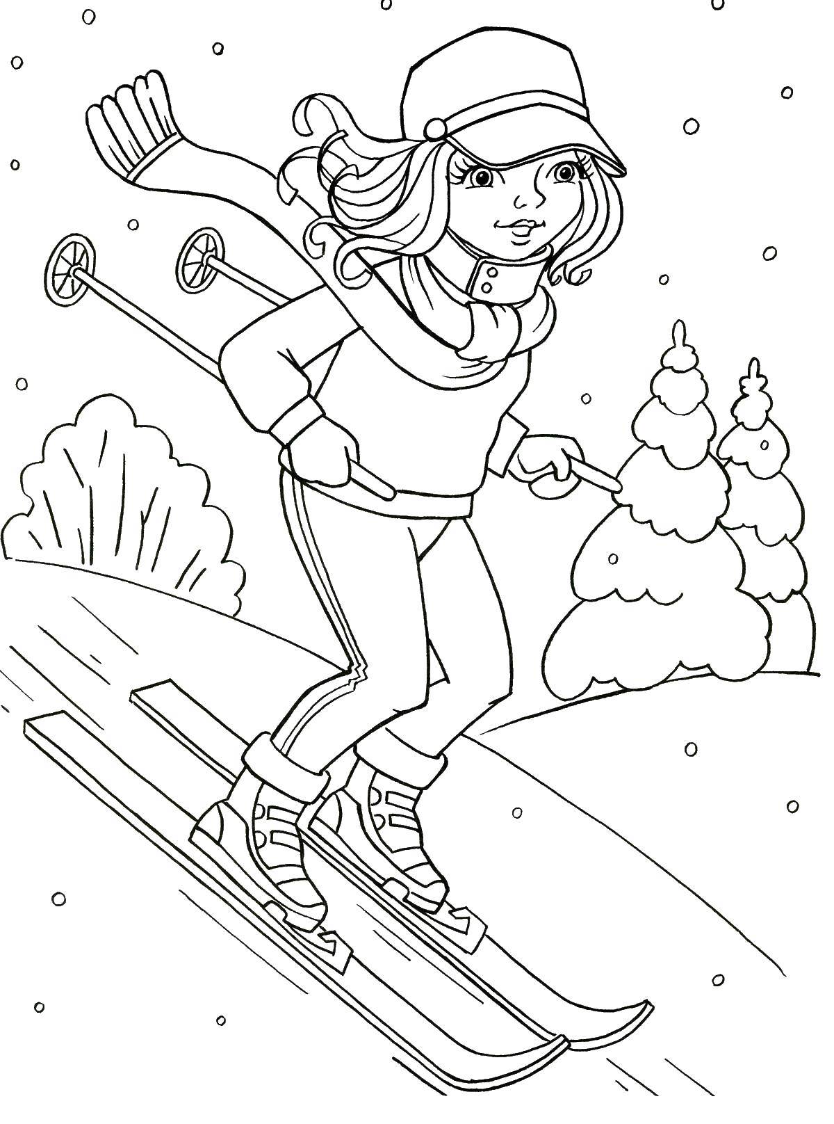 Раскраски для детей Зима, зимушка раскраски для школьников  Девочка на лыжах