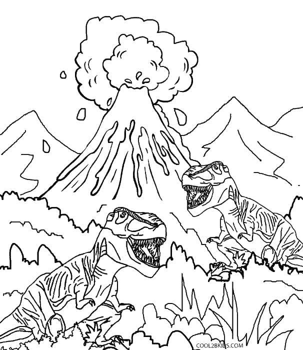 Раскраски вулкан для детей, раскраски для школьников, раскраски природа для начальной школы  Динозавры у вулкана