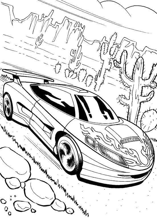  Машина в пустыне Спортивная машина а рисунком огня на капоте.