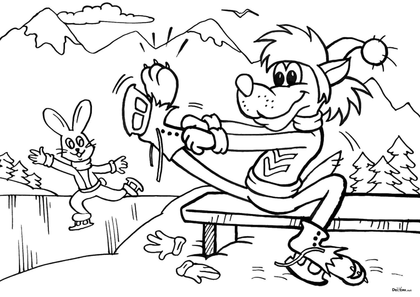 Раскраски к мультфильму Ну погоди, раскраски про волка и зайца для детей  Волк и заяц на катке