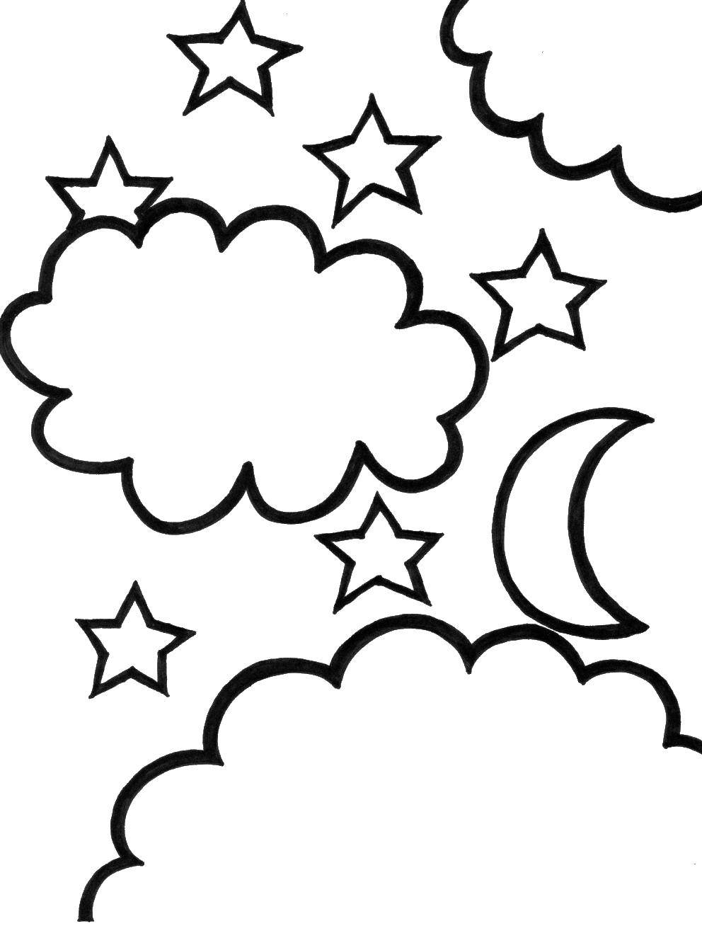 Раскраски облака для школьников, раскраски для начальной школы облака, природные явления  Звездное небо и полумесяц в облаках