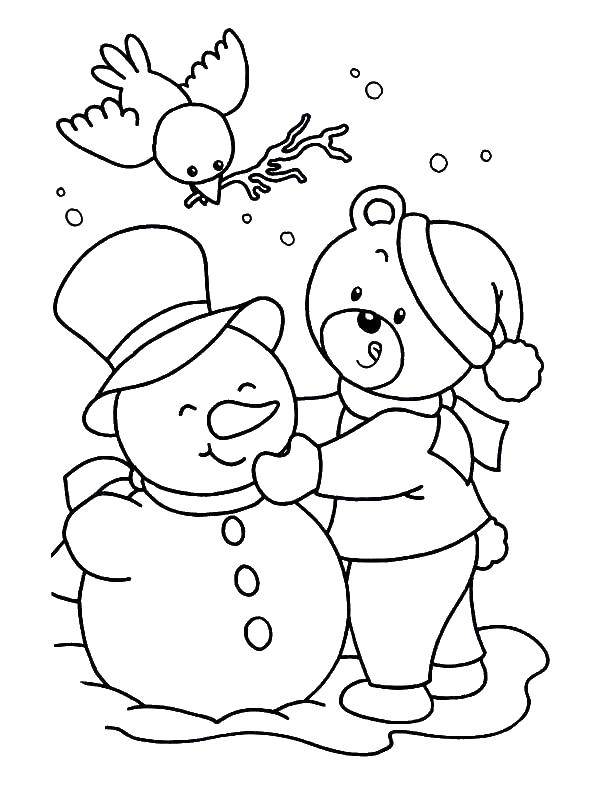 Раскраски для детей Зима, зимушка раскраски для школьников  Медведь строит снеговика