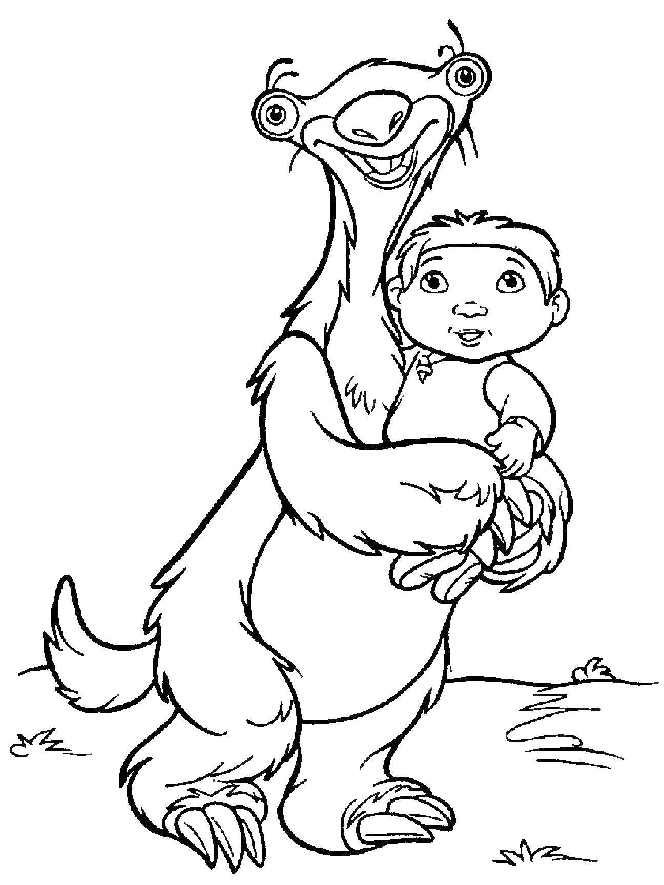 Красивые и веселые раскраски по мультфильму Ледниковый период  Ребенок и сид