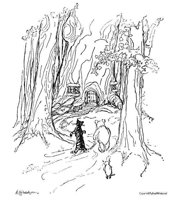 Раскраски из зарубежного мультфильма про Винни Пуха и его друзей для самых маленьких   Винни пух, тигр и пятачок пришли к домику