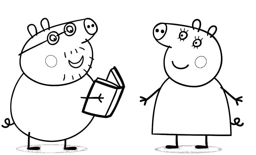 Познавательные и забавные раскраски для детей про свинку Пеппу  Мама свинья и папа читают