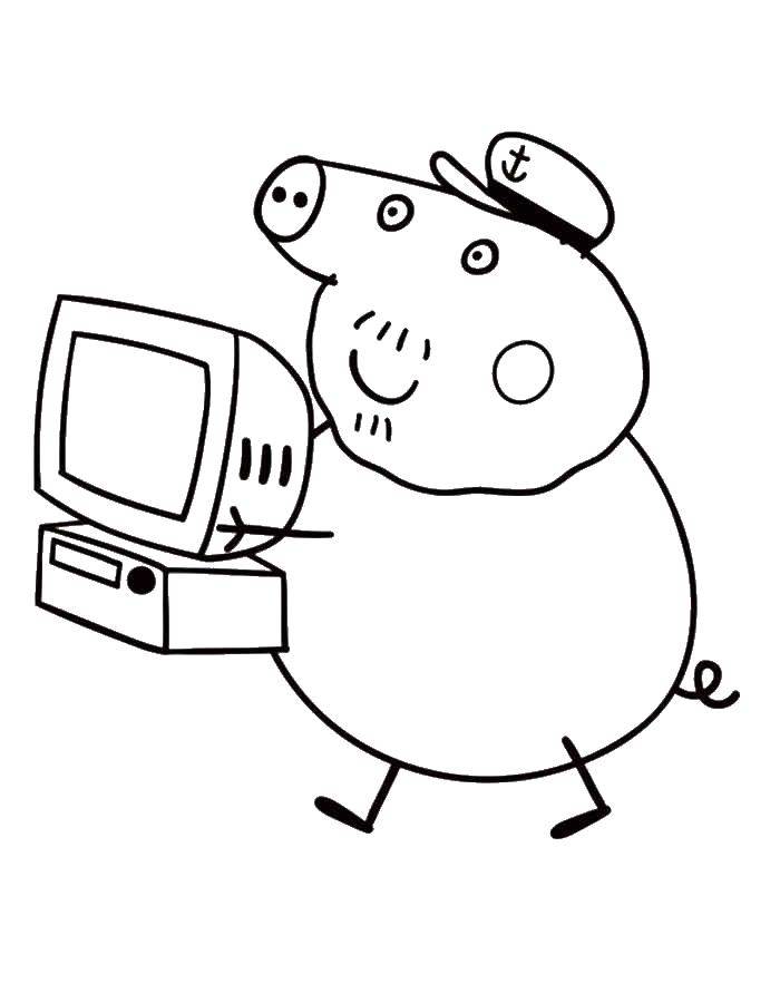 Познавательные и забавные раскраски для детей про свинку Пеппу  Папа свин и компьютер