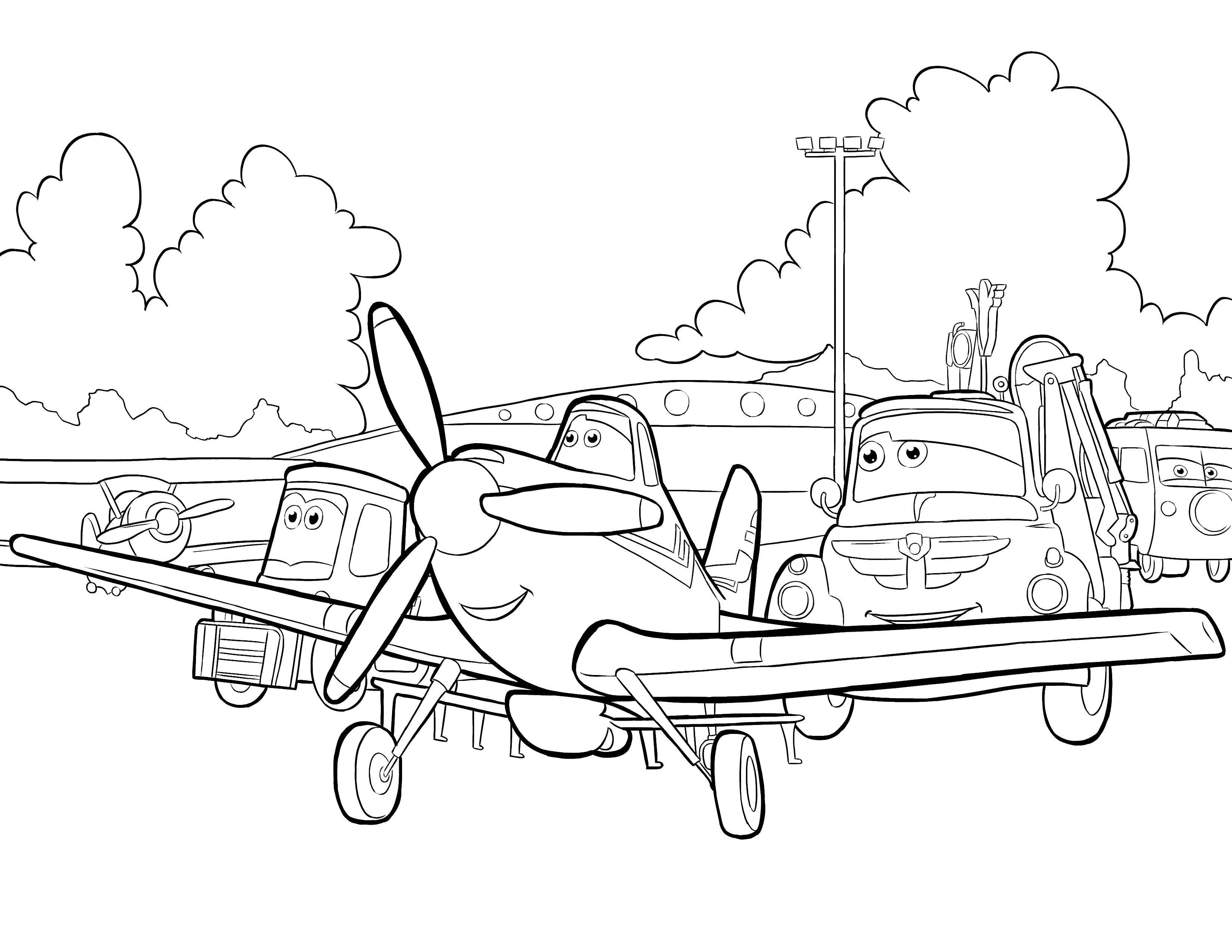 Раскраскидля мальчиков по мультфильму тачки  Самолет и машины