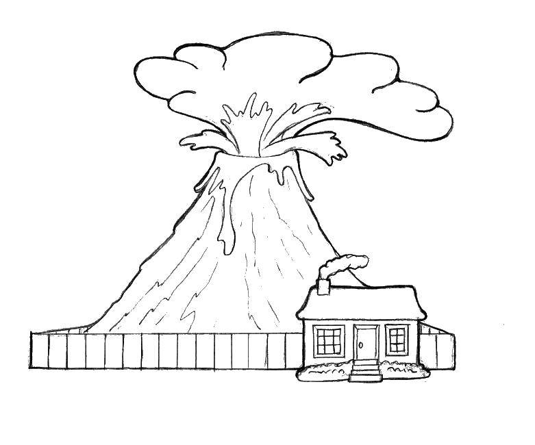 Раскраски вулкан для детей, раскраски для школьников, раскраски природа для начальной школы  Извержение вулкана рядом с домиком