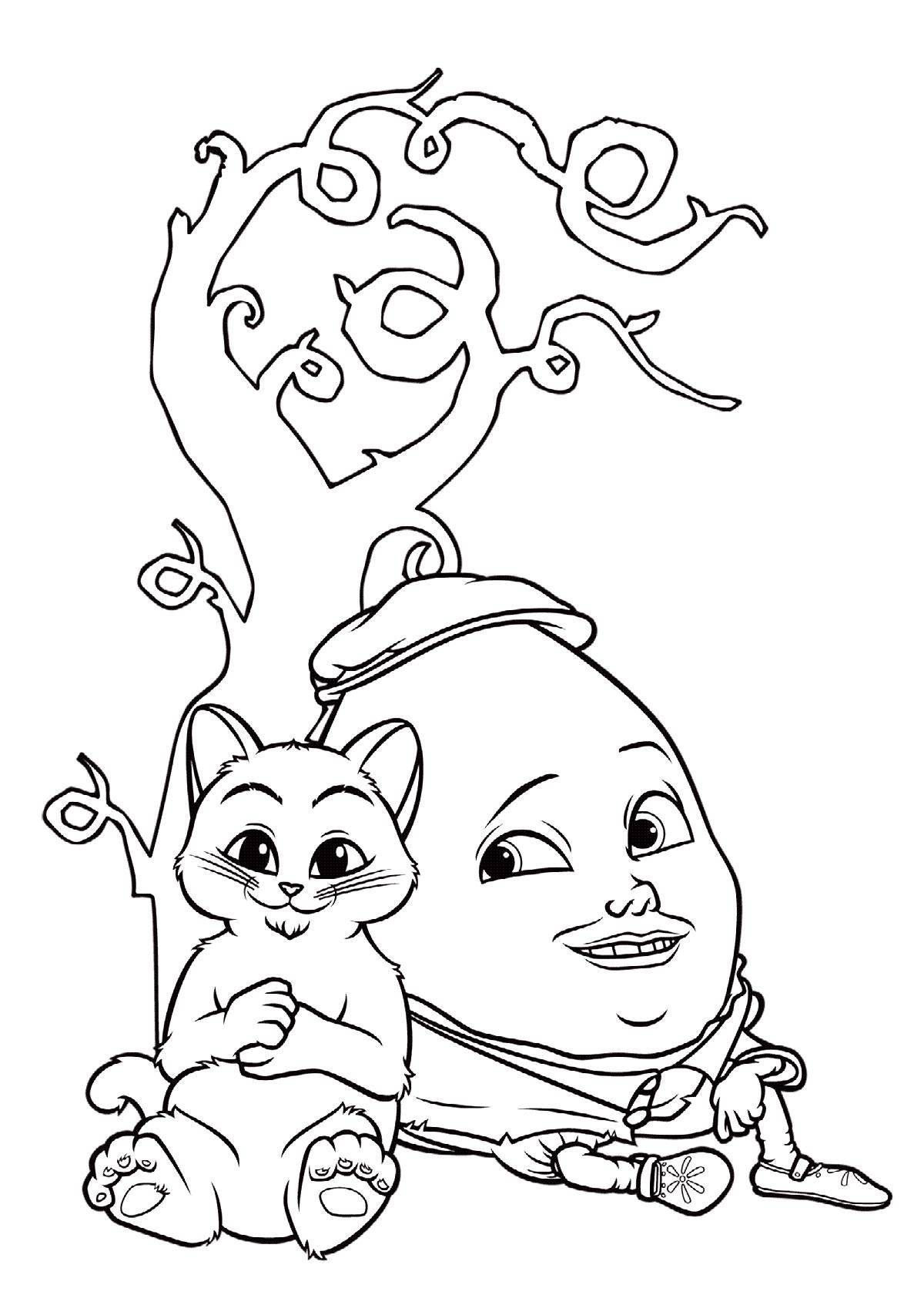Раскраски про кота в сапогах для детей  Рисунок кот в сапогах и шалтай балтай