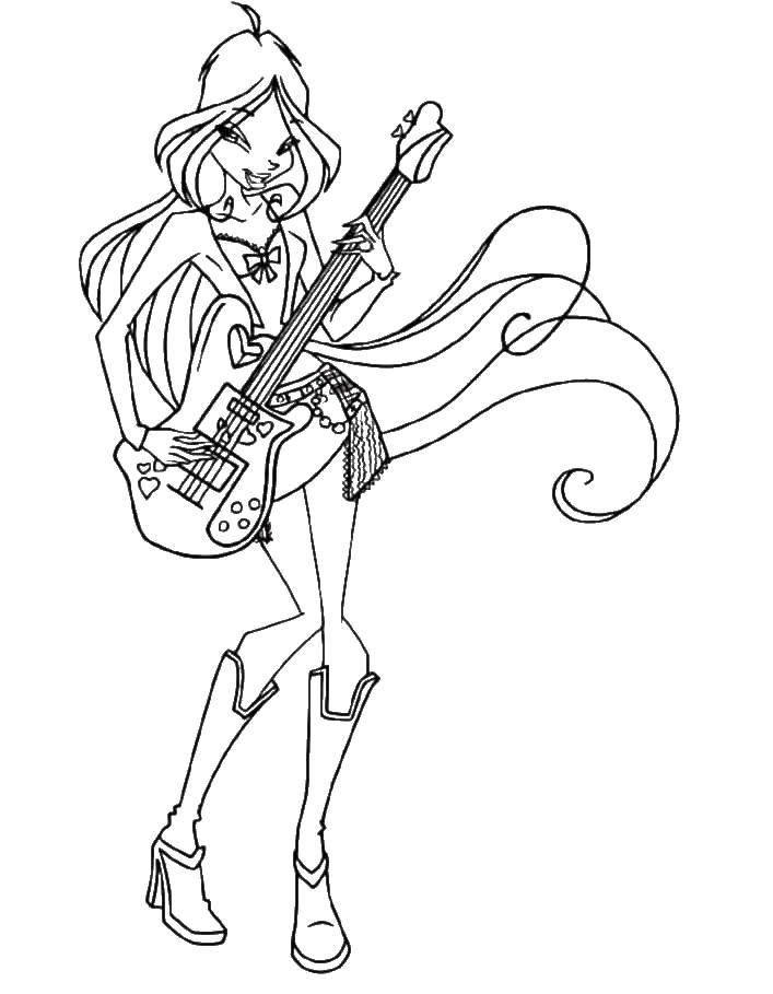 Раскраски для девочек по мультфильму Винкс  Флора из клуба винкс с гитарой