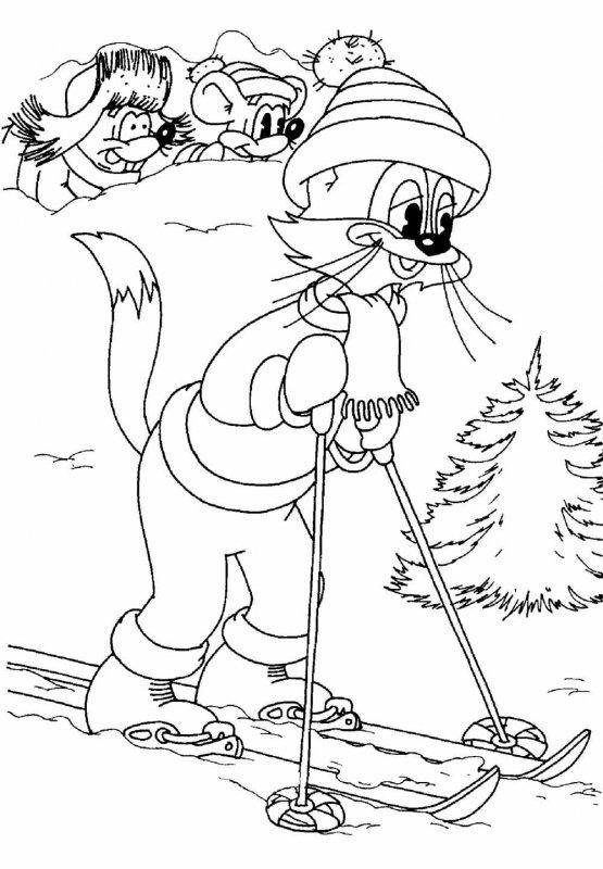 Раскраски про кота Леопольда для малышей  Рисунок кот леопольд катается на лыжах