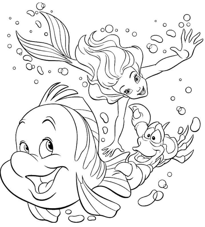 Раскраски по мультфильму русалочка для девочек  Ариэль и рыбка флаундер