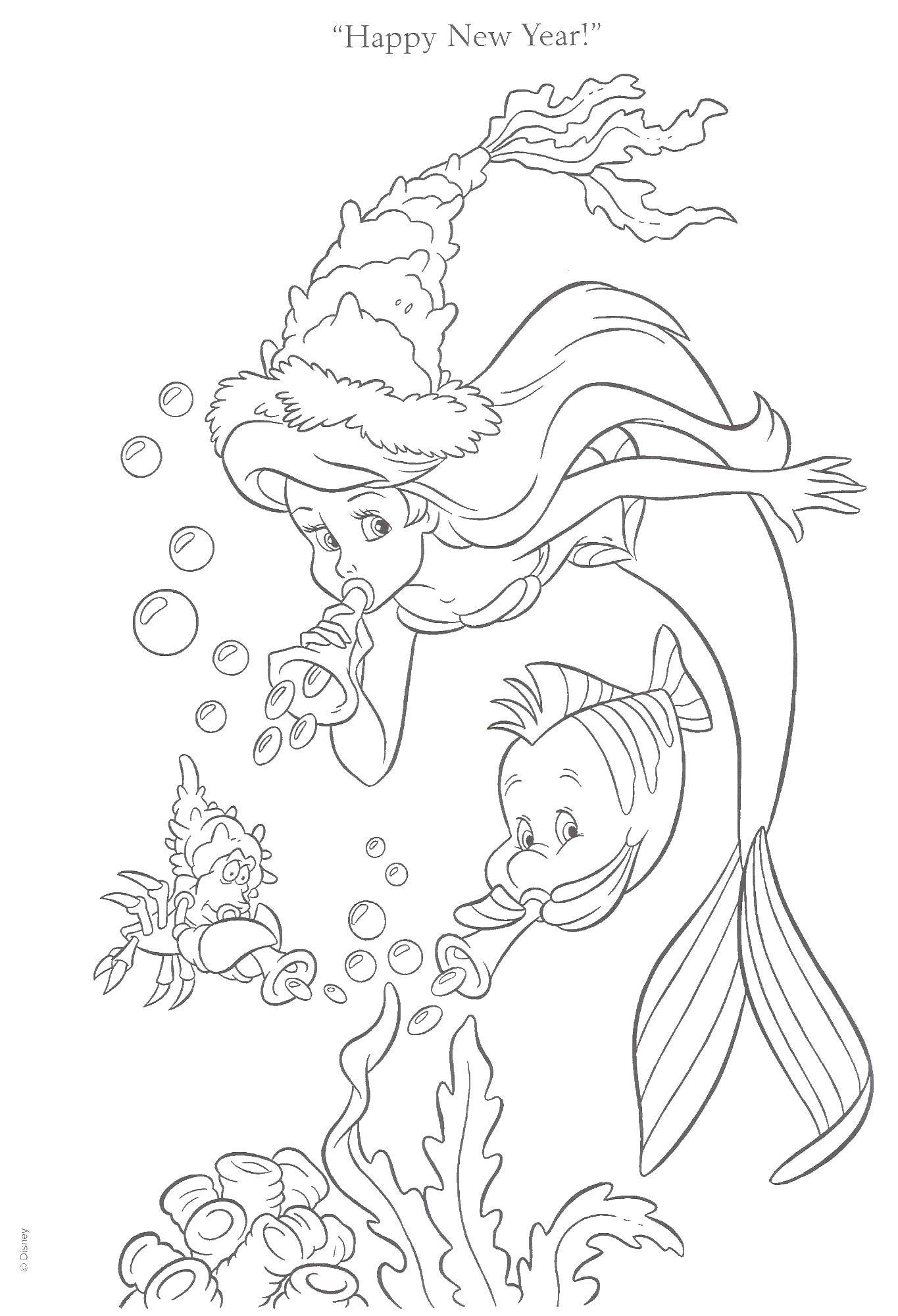 Раскраски по мультфильму русалочка для девочек  ариэль и рыбка