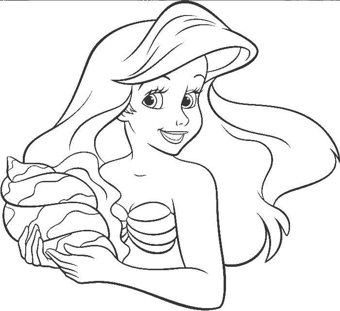 Раскраски по мультфильму русалочка для девочек  Русалка ариэль с раковиной