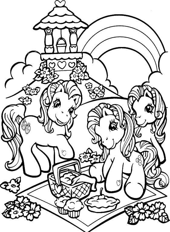 Раскраски с пони из мультика дружба это чудо, май литл пони, добрые раскраски для малышей  Маленькие пони на пикнике